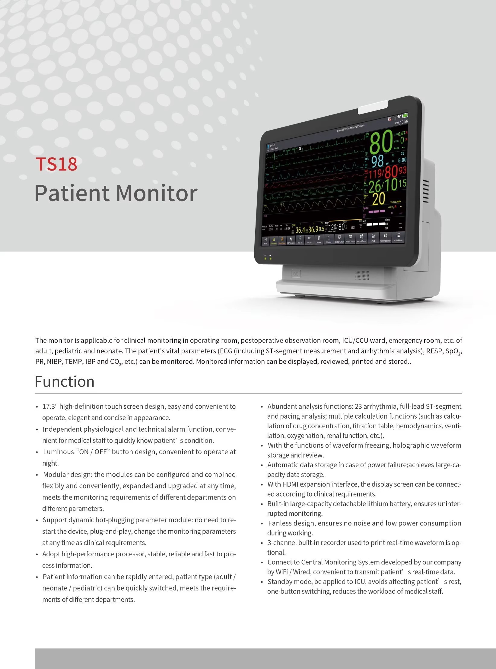 ICU ETCO2 ECG Insertion Vital Signs Monitor TS18 Patient Monitor